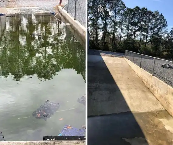 Before and after: a flooded pit cleared down to a clean concrete ramp
