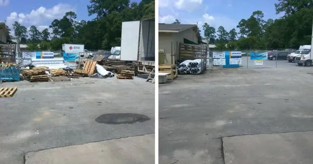 Before and after: a commercial lot cleared of scrap and debris